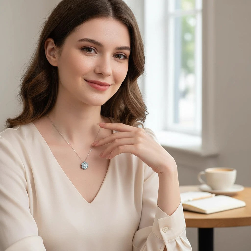 Bee-Bees solitaire moissanite pendant necklace in 925 sterling silver worn by a woman in a cream blouse