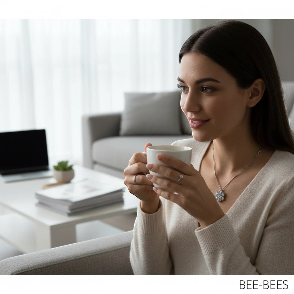 A woman wearing a Bee-Bees moissanite solitaire pendant necklace in 925 sterling silver while holding a coffee cup.