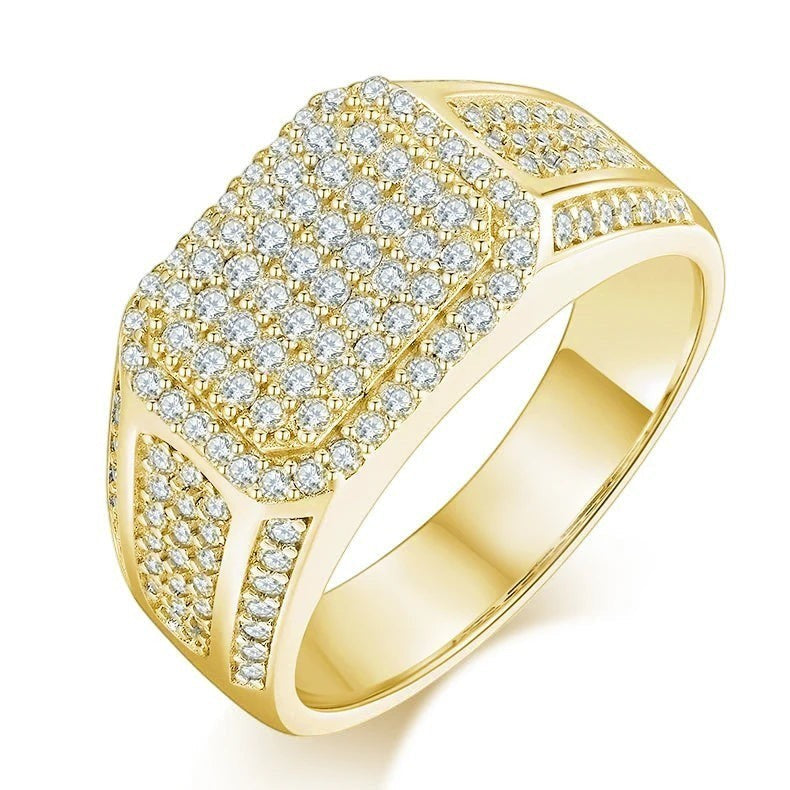 Bee-Bee's men's rectangular signet ring with pave D VVS moissanite stones, 18k white gold plated 925 sterling silver.