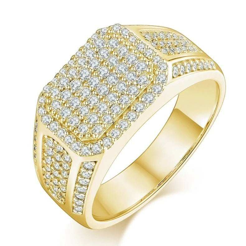 Bee-Bee's men's rectangular signet ring with pave D VVS moissanite stones, 18k white gold plated 925 sterling silver.