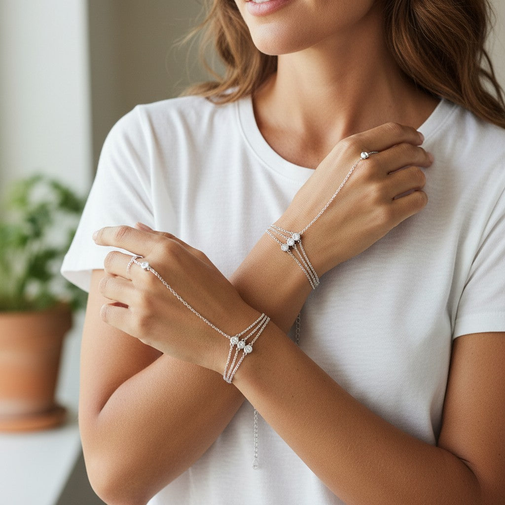 Bee-Bees 3mm moissanite finger bracelet in 925 sterling silver worn on both hands with a delicate chain and loop design.