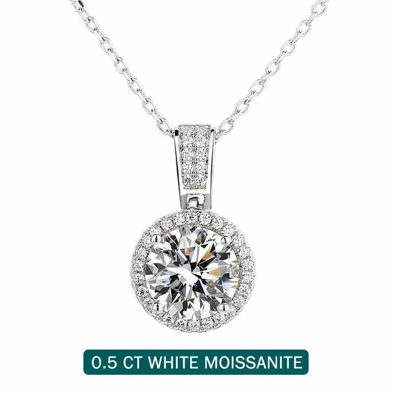 Bee-Bees 0.5ct white Moissanite solitaire pendant necklace with halo, 18k gold plated S925 sterling silver.
