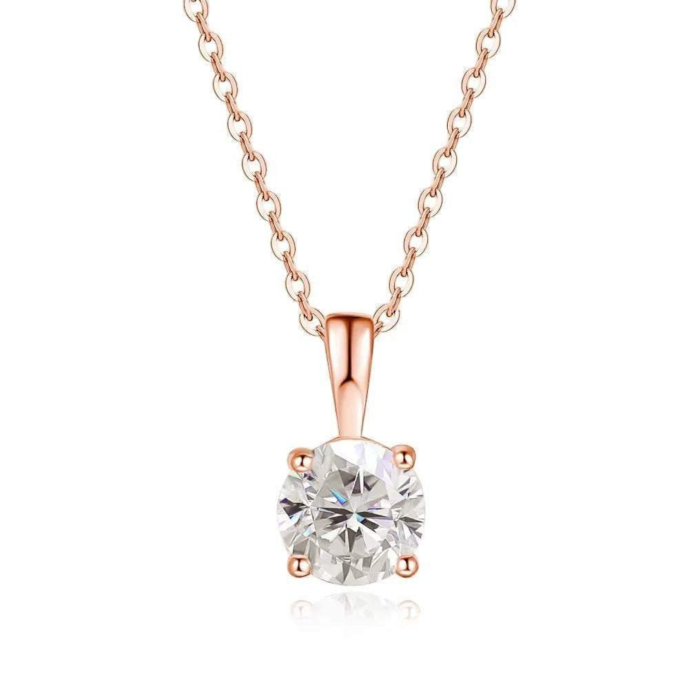 Bee-Bee's 1ct round-cut moissanite solitaire necklace in rose gold plated sterling silver with a delicate chain.