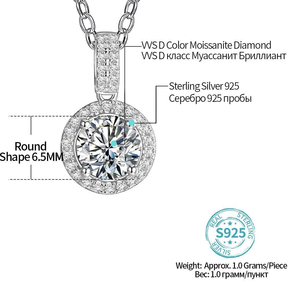 Bee-Bees solitaire pendant necklace with round-cut D VVS1 Moissanite, halo setting, S925 sterling silver with 18k gold plating.