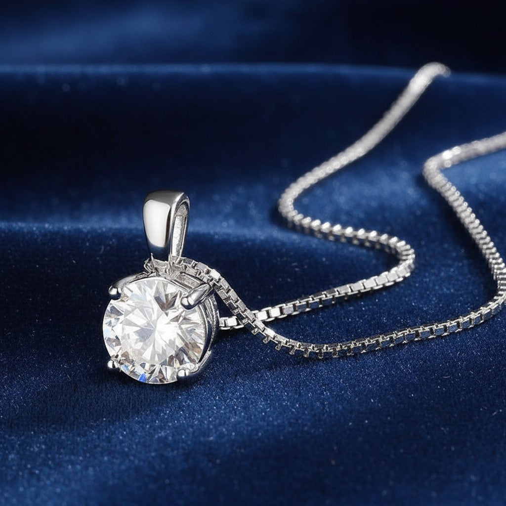 Bee-Bee's 1ct round-cut moissanite solitaire pendant necklace with a silver box chain, 18k gold plated S925 sterling silver.