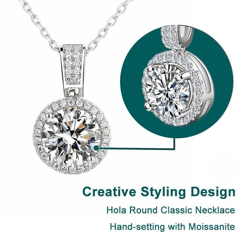 Bee-Bees sterling silver necklace with a round-cut Moissanite solitaire surrounded by smaller stones. 18k gold plated with AF film.