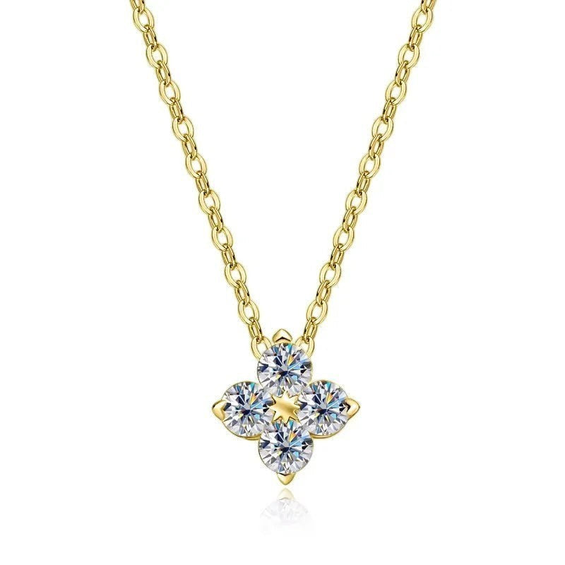 Bee-Bee's 0.4ct Moissanite solitaire pendant in gold-plated S925 silver, featuring four round-cut stones in a clover design.