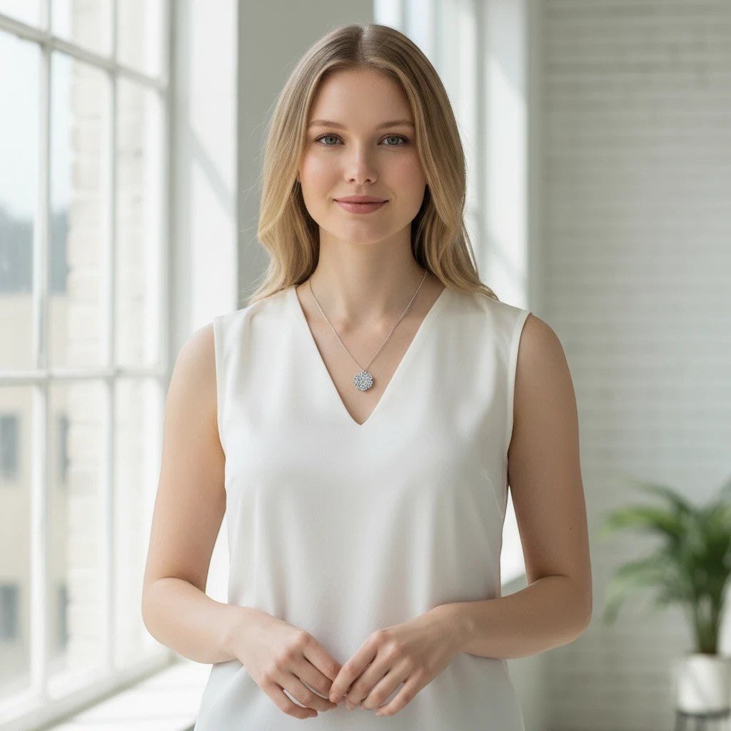 A woman wearing a Bee-Bees moissanite solitaire pendant necklace in 18k white gold plated 925 sterling silver.