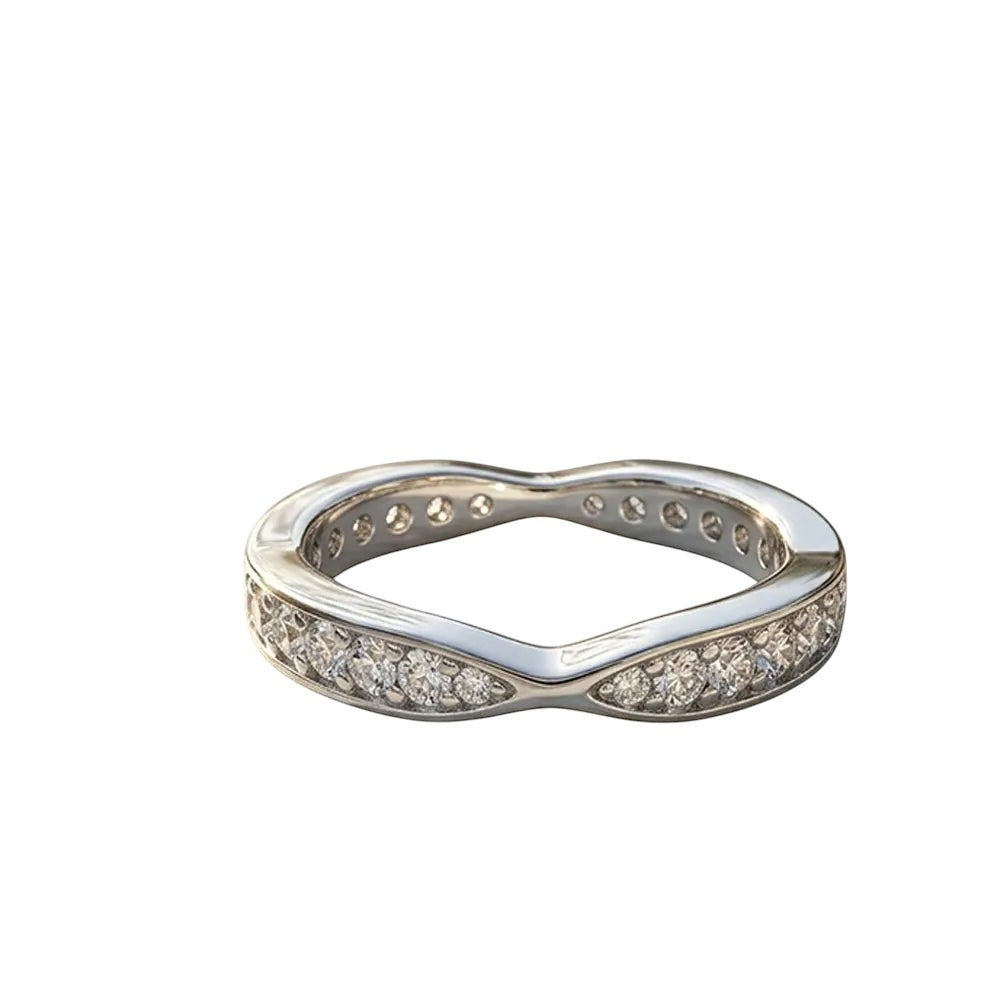 Bee-Bees sterling silver eternity band with round moissanite stones in a curved stacking ring design