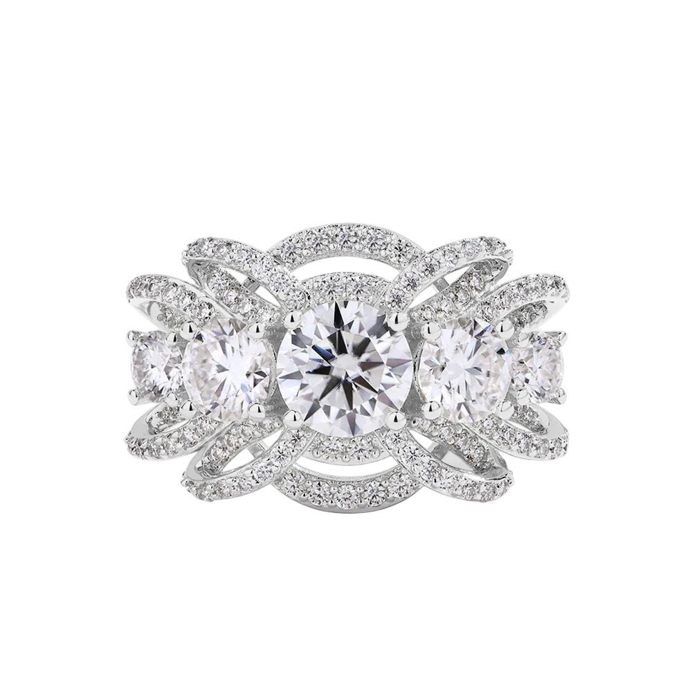 Bee-Bees 1CT round cut moissanite ring in sterling silver with intricate pavé set band and crown-inspired setting