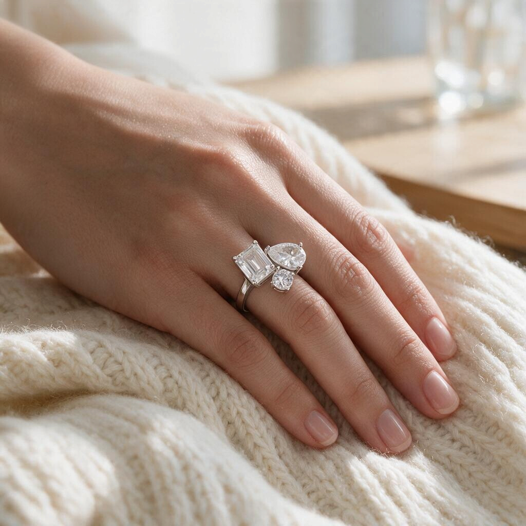 Bee-Bees 5.5CT moissanite engagement ring in 925 sterling silver featuring pear and emerald cut stones on a hand