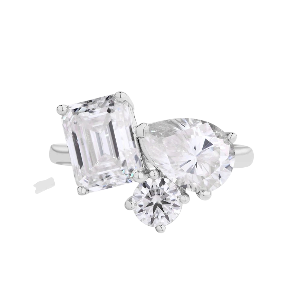 Bee-Bees 5.5CT moissanite engagement ring in 925 sterling silver featuring pear, emerald, and round cut stones