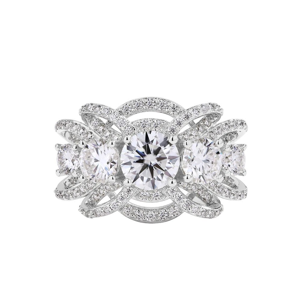 Bee-Bees 1CT round cut moissanite ring in sterling silver with intricate pavé set band and crown-inspired setting