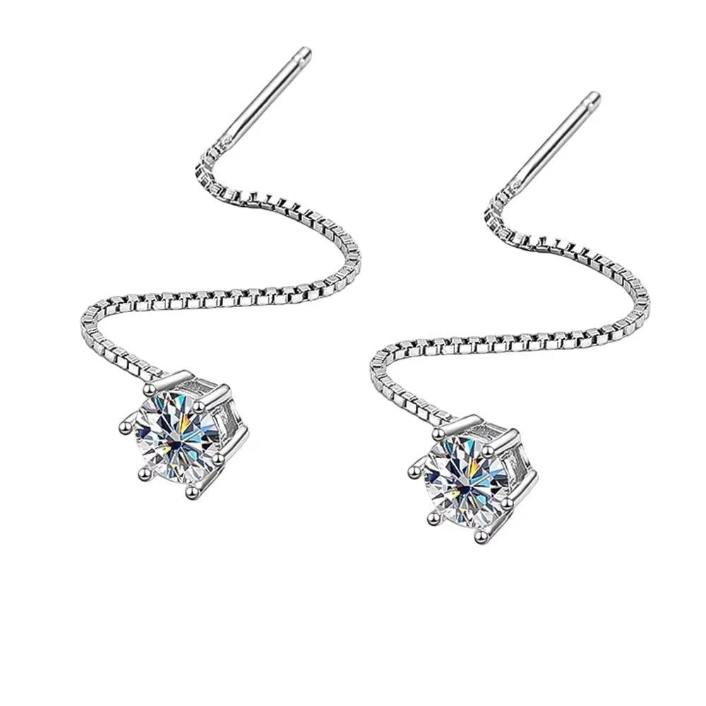 Bee-Bee's D VVS Moissanite stud earrings in S925 sterling silver with 18k white gold plating. Round cut, chain drop design.