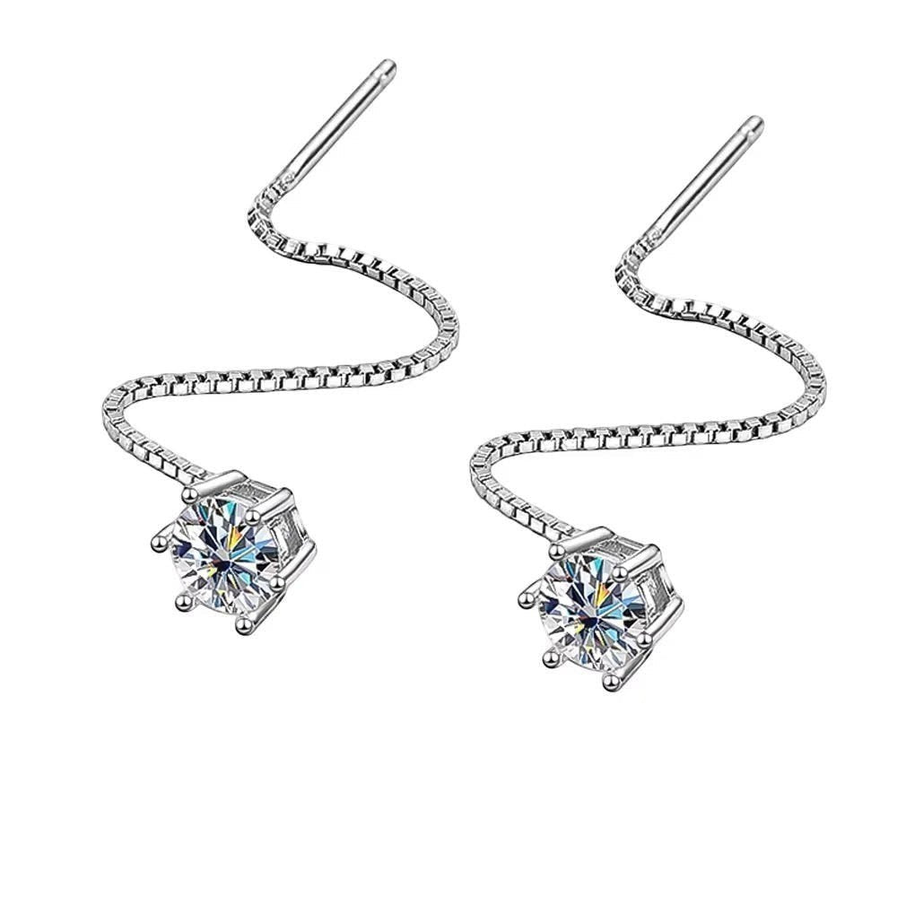 Bee-Bee's D VVS Moissanite stud earrings in S925 sterling silver with 18k white gold plating. Round cut, chain drop design.