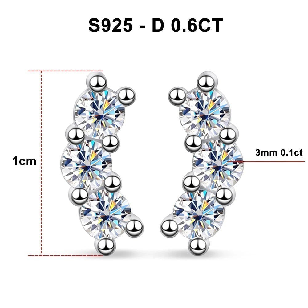 Bee-Bees D Color VVS1 Full Moissanite Studs in 925 Sterling Silver, 1cm curved design with 4 prong setting.
