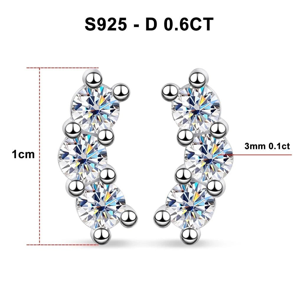 Bee-Bees D Color VVS1 Full Moissanite Studs in 925 Sterling Silver, 1cm curved design with 4 prong setting.