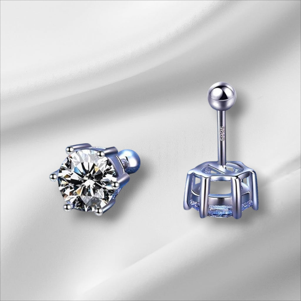 Bee-Bees 6-claw moissanite stud earrings in sterling silver with screw backs, D color, VVS1 clarity.