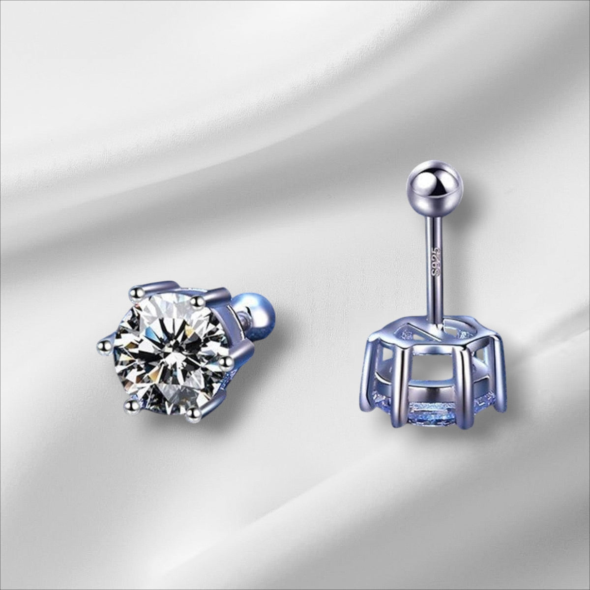 Bee-Bees 6-claw moissanite stud earrings in sterling silver with screw backs, D color, VVS1 clarity.