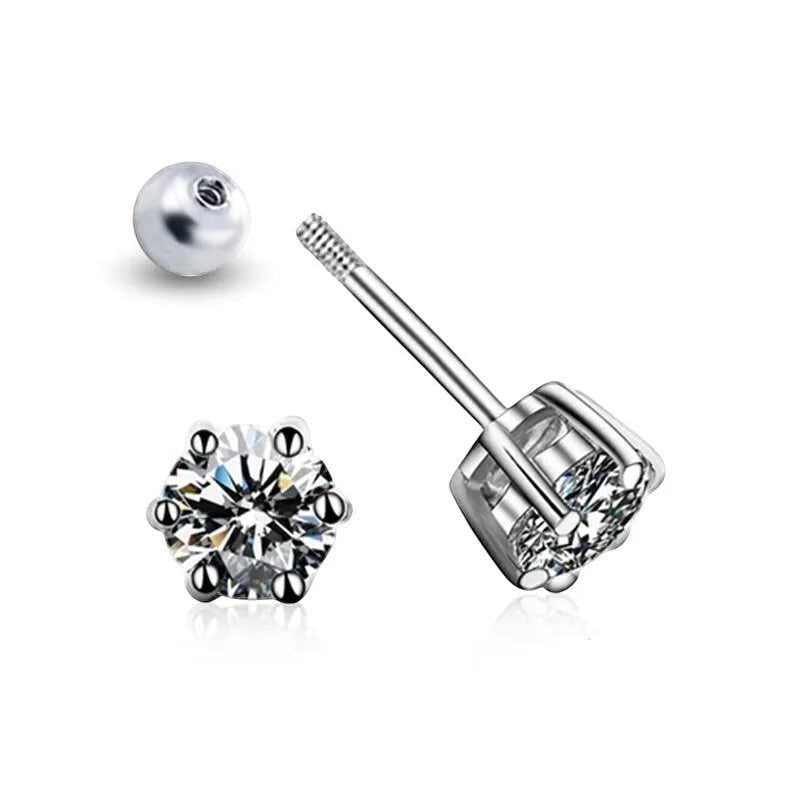 Bee-Bees 6-prong moissanite stud earrings in sterling silver with screw backs. D Color, VVS1 clarity.