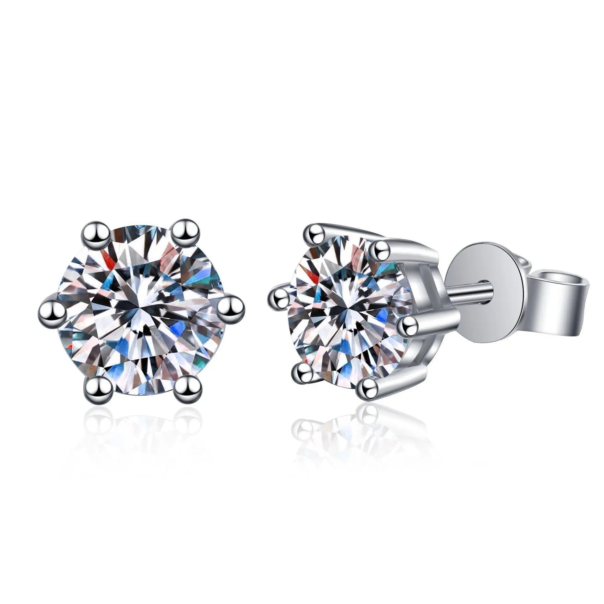 Bee-Bees 6-prong moissanite stud earrings in sterling silver with screw backs. D color, VVS1 clarity.
