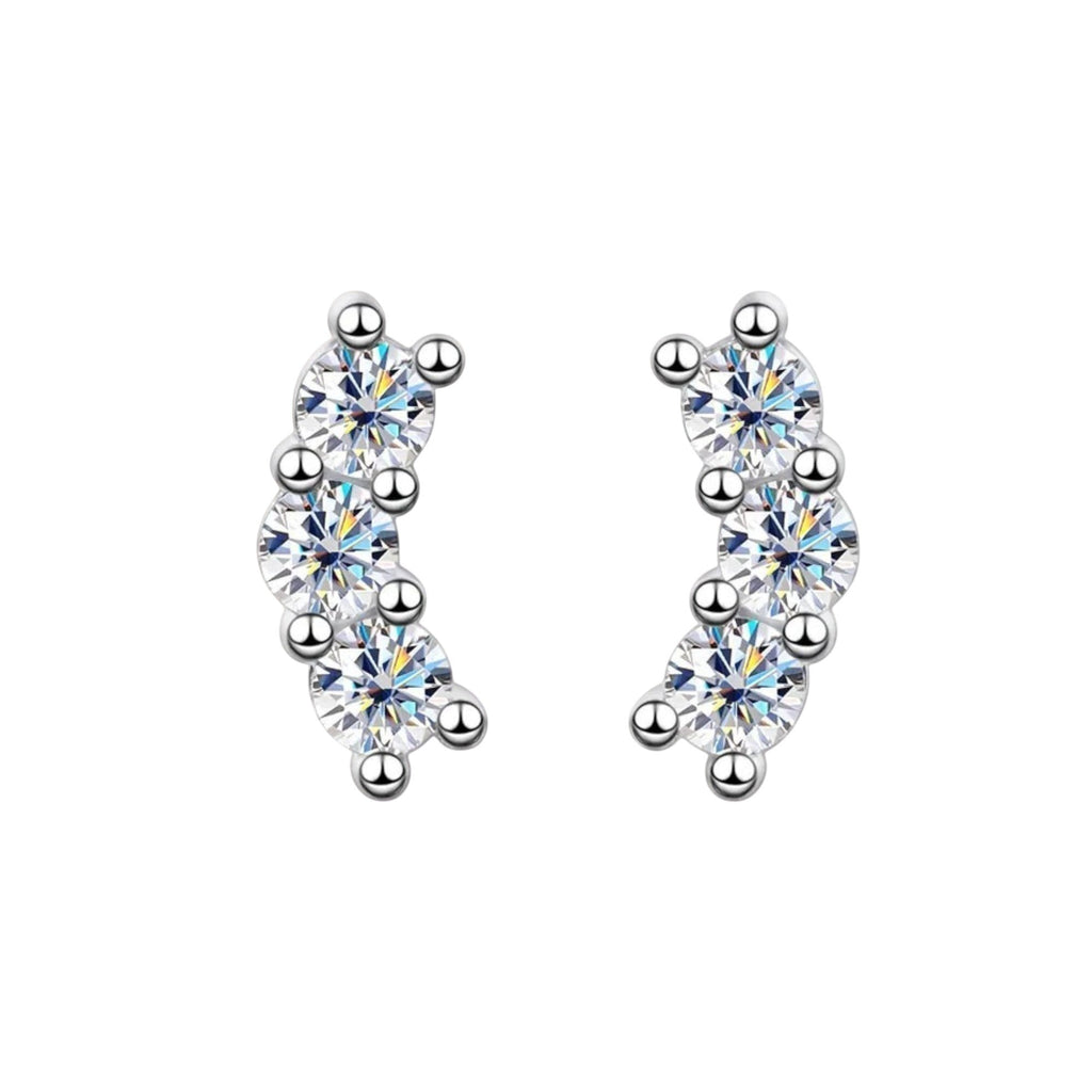Bee-Bees D Color VVS1 Full Moissanite Studs in 925 Sterling Silver with 18K White Gold plating. Round brilliant cut stones in a curved design.