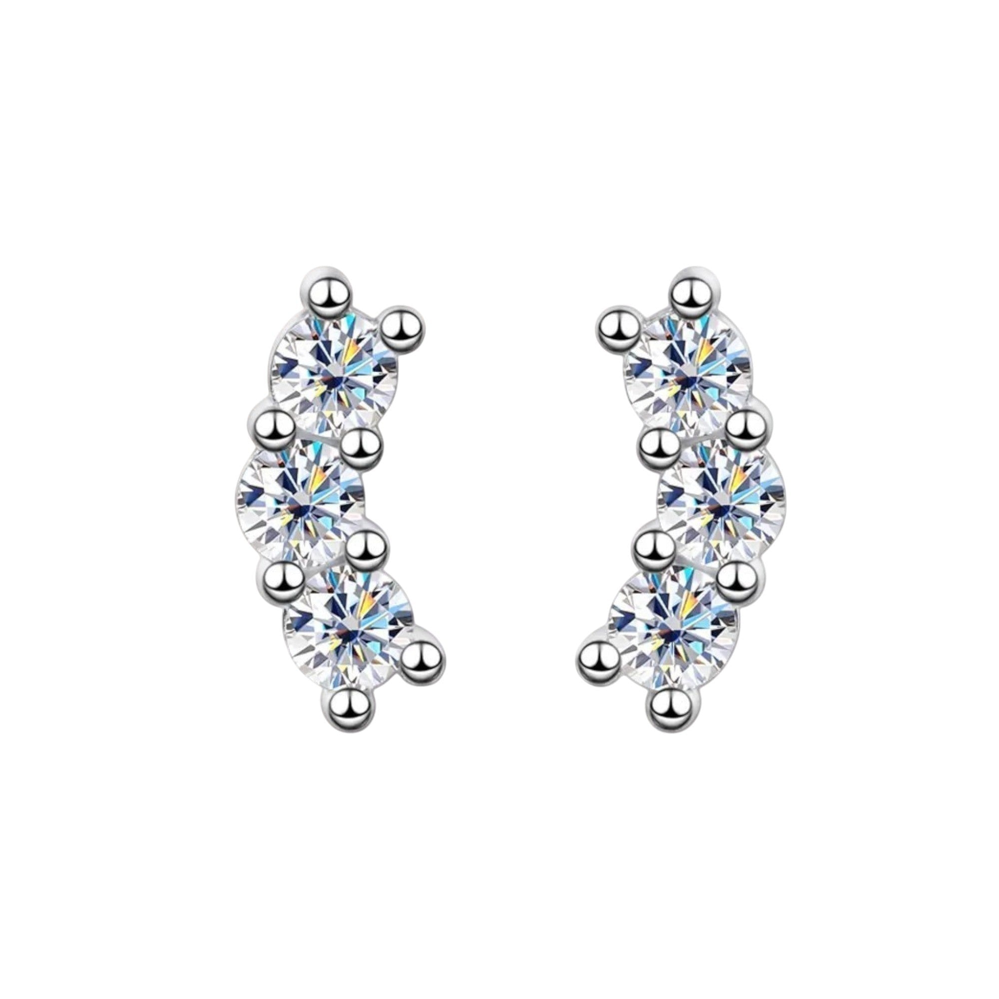 Bee-Bees D Color VVS1 Full Moissanite Studs in 925 Sterling Silver with 18K White Gold plating. Round brilliant cut stones in a curved design.