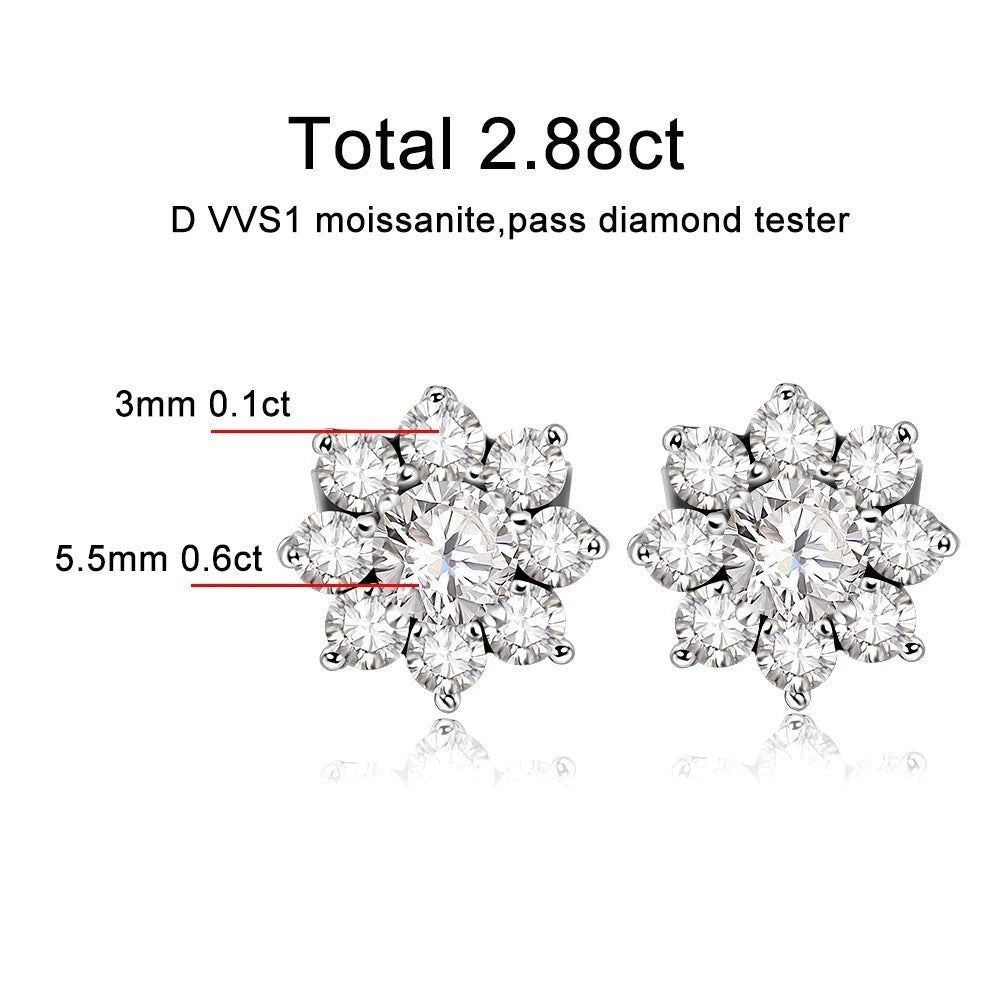 Bee-Bee's 18k white gold plated moissanite stud earrings, D VVS1 certified, flower design, 2.88ct total.