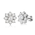 Bee-Bee's 18k white gold plated moissanite stud earrings, D VVS1 certified, round brilliant cut, sterling silver, flower design.