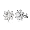 Bee-Bee's 18k white gold plated moissanite stud earrings, D VVS1 certified, round brilliant cut, sterling silver, flower design.