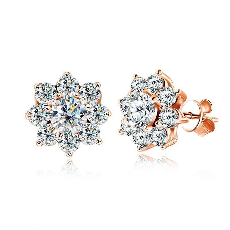 Bee-Bee's 18k white gold plated moissanite stud earrings, D VVS1 certified, round brilliant cut, S925 silver, flower design.
