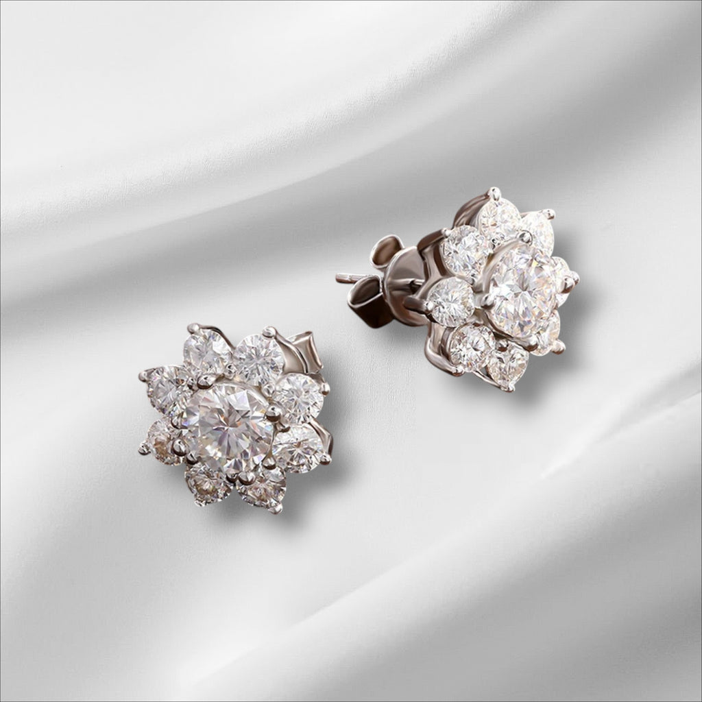 Bee-Bees 18k white gold plated moissanite stud earrings, D VVS1 certified, round cut, sterling silver, flower design.
