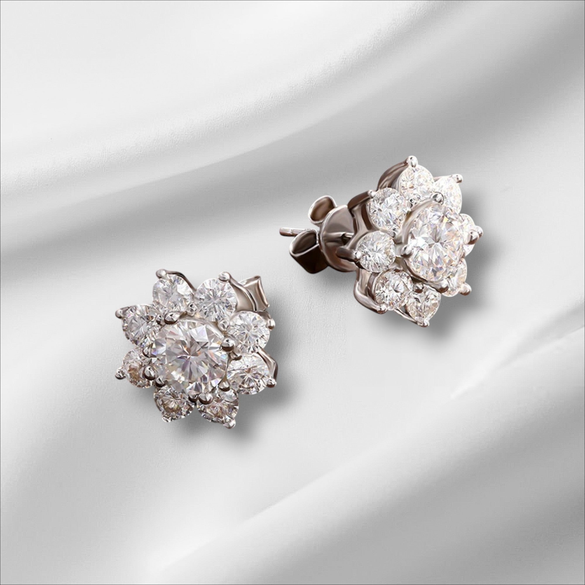 Bee-Bees 18k white gold plated moissanite stud earrings, D VVS1 certified, round cut, sterling silver, flower design.
