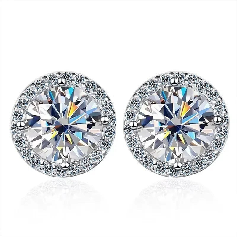 Bee-Bees round moissanite stud earrings with 18k white gold plated S925 silver and halo setting.
