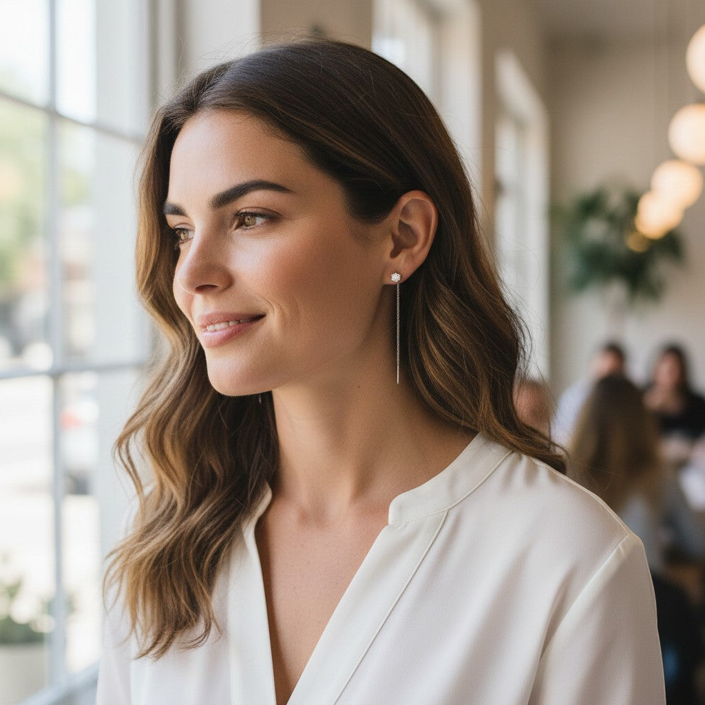 Bee-Bees D VVS moissanite stud earrings in sterling silver worn by a smiling woman in a bright cafe setting
