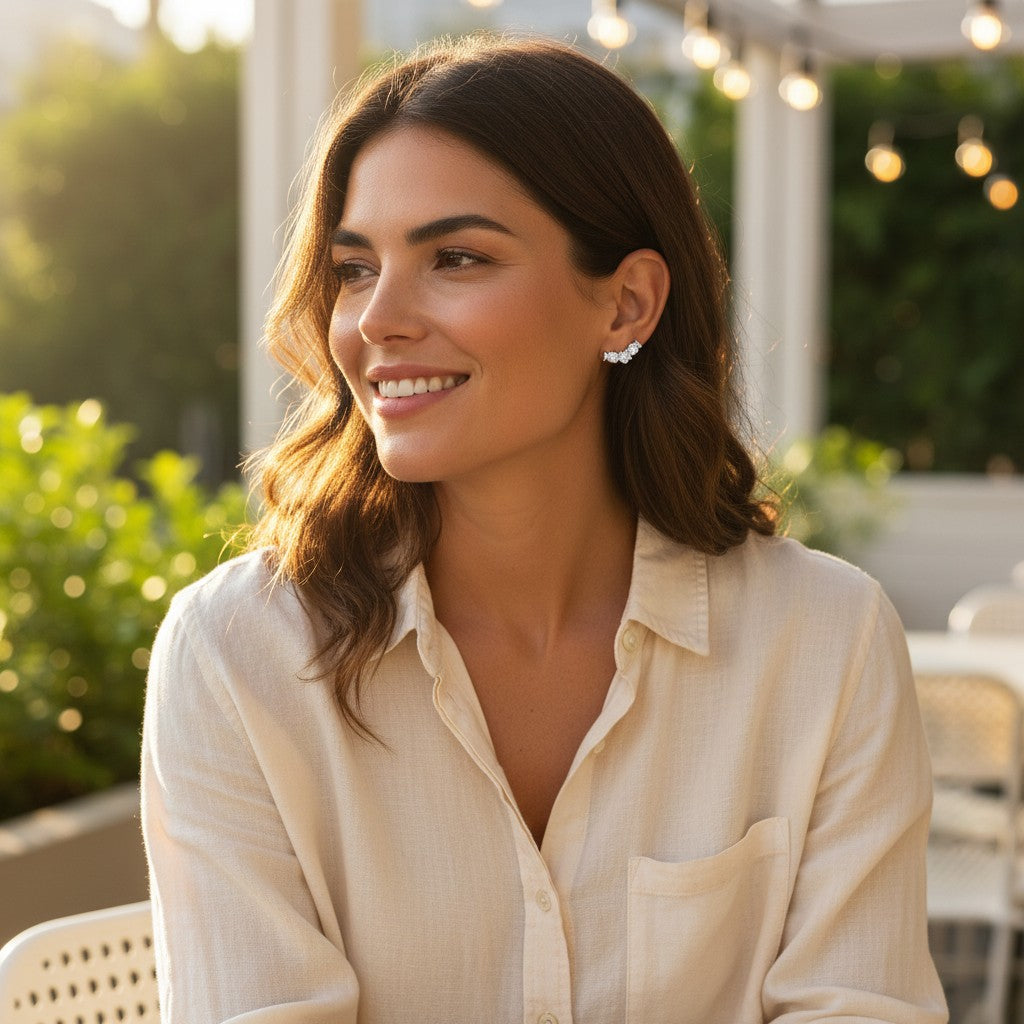 A smiling woman wearing Bee-Bees D color VVS1 moissanite stud earrings in 18K white gold plated 925 sterling silver.