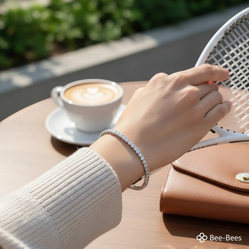 Bee-Bees 2mm D Color Moissanite Tennis Bracelet in S925 Sterling Silver with VVS1 clarity stones.