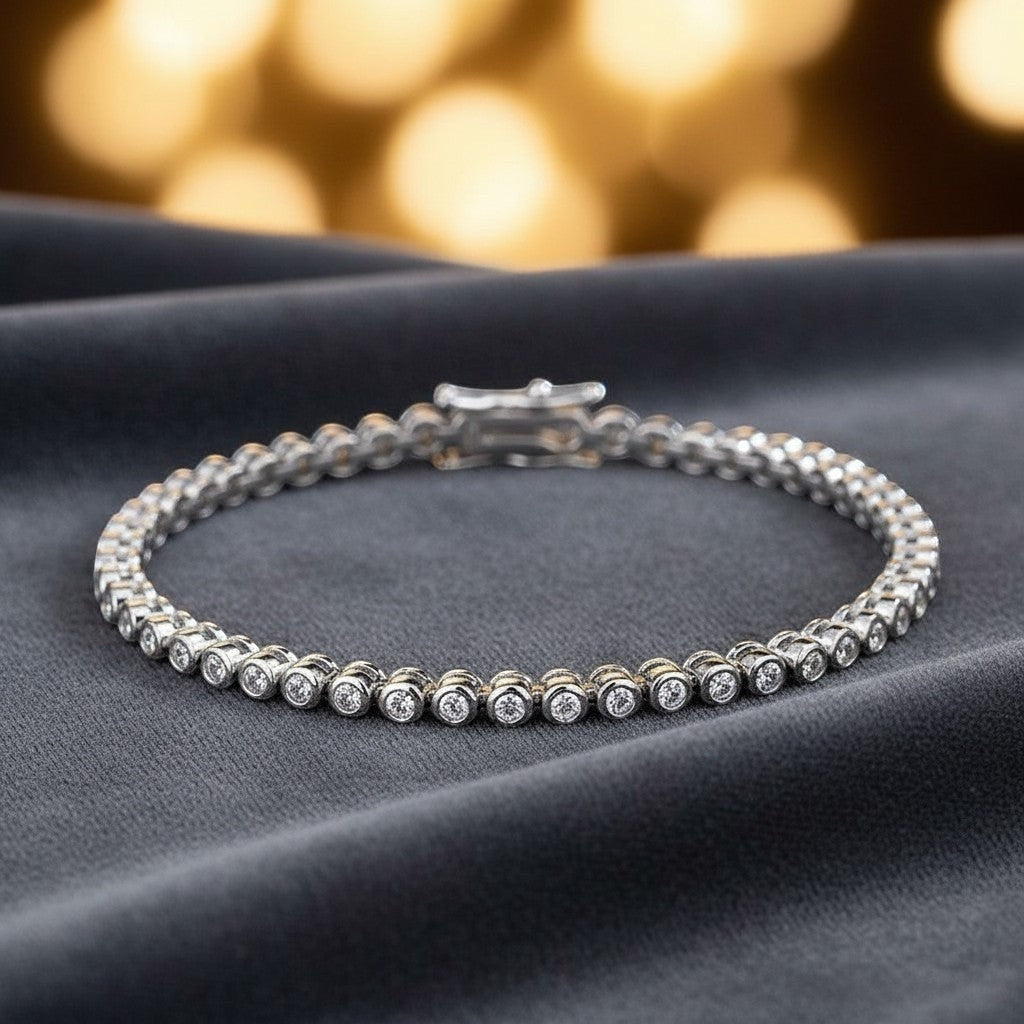 Bee-Bees 2mm D Color VVS1 Moissanite Tennis Bracelet in S925 Silver with 18K White Gold plating.
