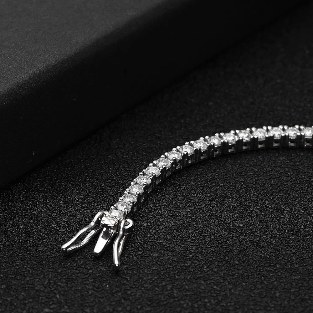 Bee-Bee's 2mm D Color Moissanite Tennis Bracelet in S925 Sterling Silver with VVS1 clarity stones and a secure clasp.