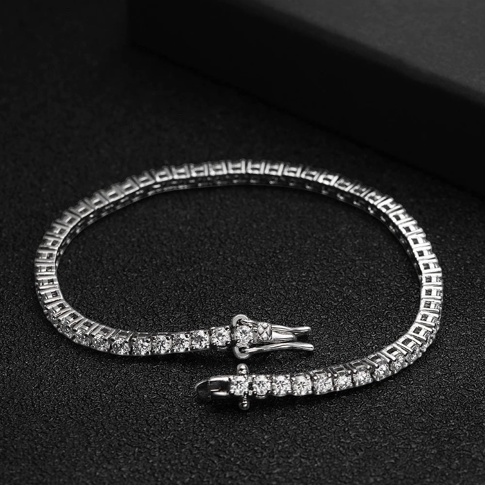 Bee-Bee's 2mm D Color Moissanite Tennis Bracelet in S925 Sterling Silver with VVS1 clarity stones and a secure clasp.
