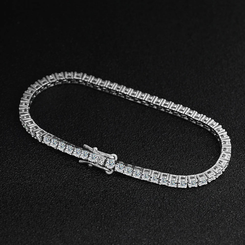Bee-Bee's 2mm D Color Moissanite Tennis Bracelet in S925 Sterling Silver with VVS1 clarity stones and a secure clasp.