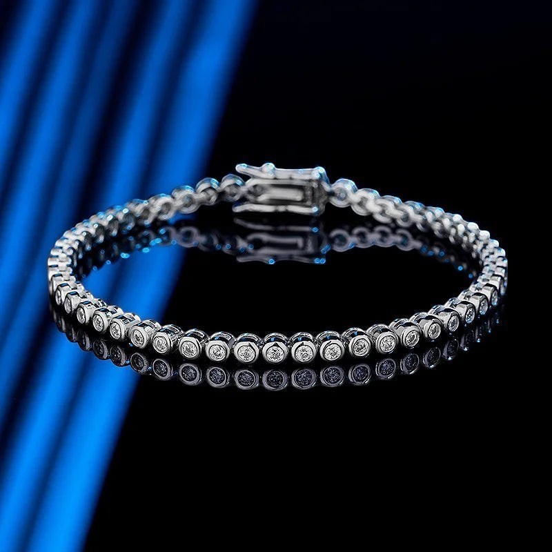 Bee-Bees 2mm D Color VVS1 Moissanite tennis bracelet in S925 silver with white gold plating and secure clasp.
