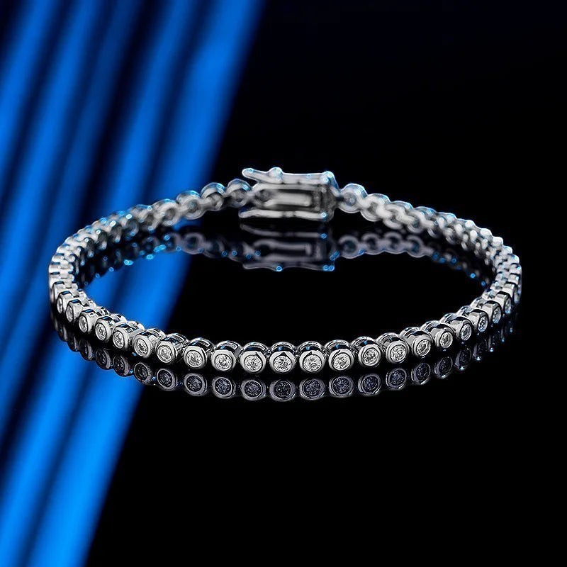 Bee-Bees 2mm D Color VVS1 Moissanite tennis bracelet in S925 silver with white gold plating and secure clasp.