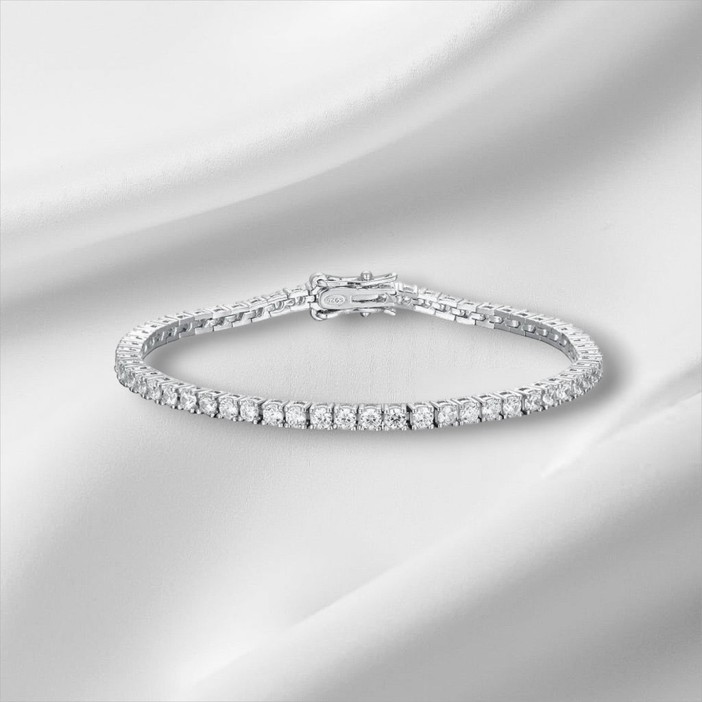 Bee-Bee's 2mm D Color Moissanite Tennis Bracelet in S925 Sterling Silver with VVS1 clarity stones.
