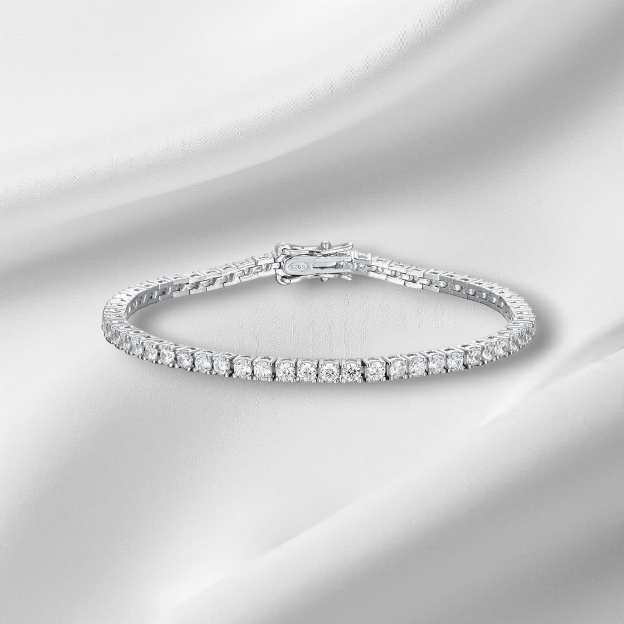 Bee-Bee's 2mm D Color Moissanite Tennis Bracelet in S925 Sterling Silver with VVS1 clarity stones.