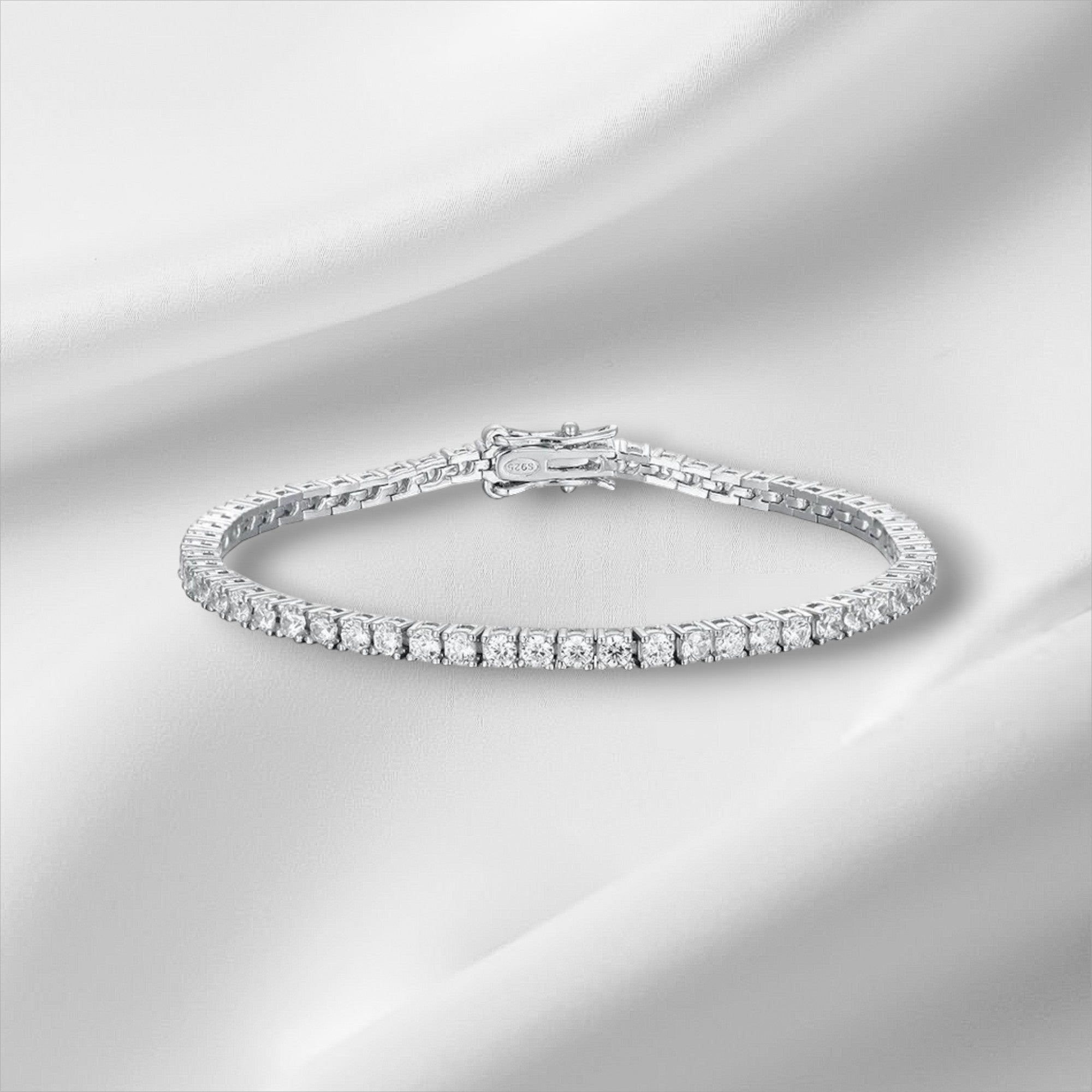 Bee-Bee's 2mm D Color Moissanite Tennis Bracelet in S925 Sterling Silver with VVS1 clarity stones.
