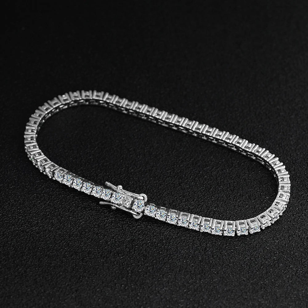 Bee-Bee's 2mm D Color Moissanite Tennis Bracelet in S925 Sterling Silver with VVS1 clarity stones and a secure clasp.