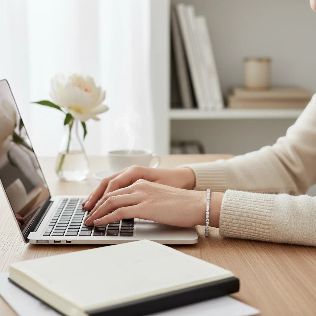 Bee-Bee's 1.5mm Moissanite tennis bracelet with 18k gold plating on S925 silver, worn by a woman typing on a laptop.