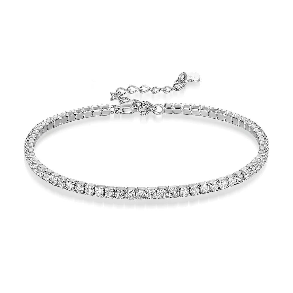Bee-Bee's 1.5mm Moissanite tennis bracelet in sterling silver with adjustable clasp and brilliant cut stones.