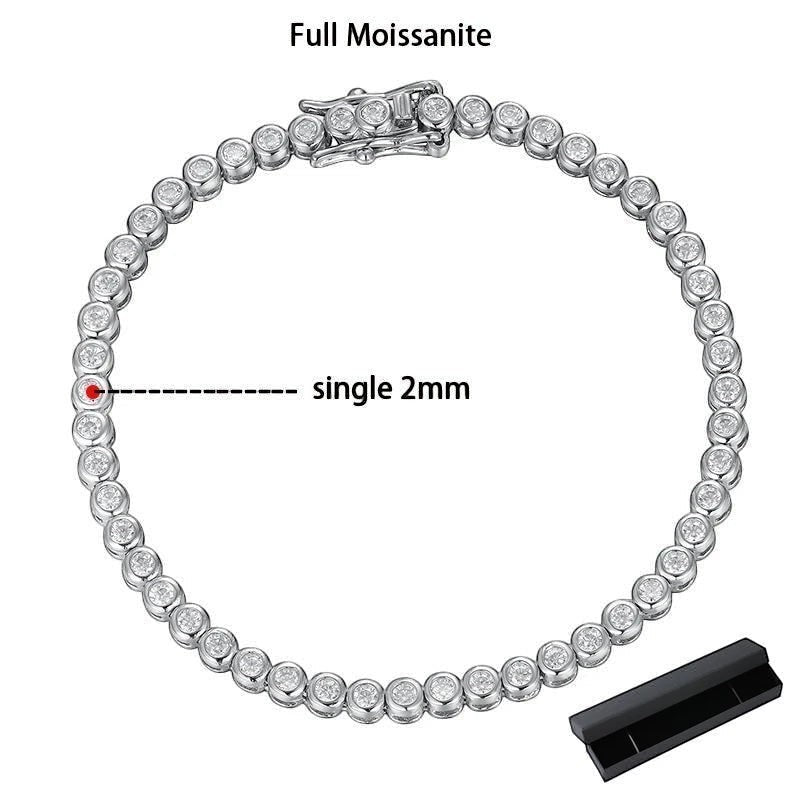 Bee-Bees 2mm D Color VVS1 Moissanite tennis bracelet in S925 silver with 18K white gold plating. Features a secure clasp and comes with a GRA certificate.